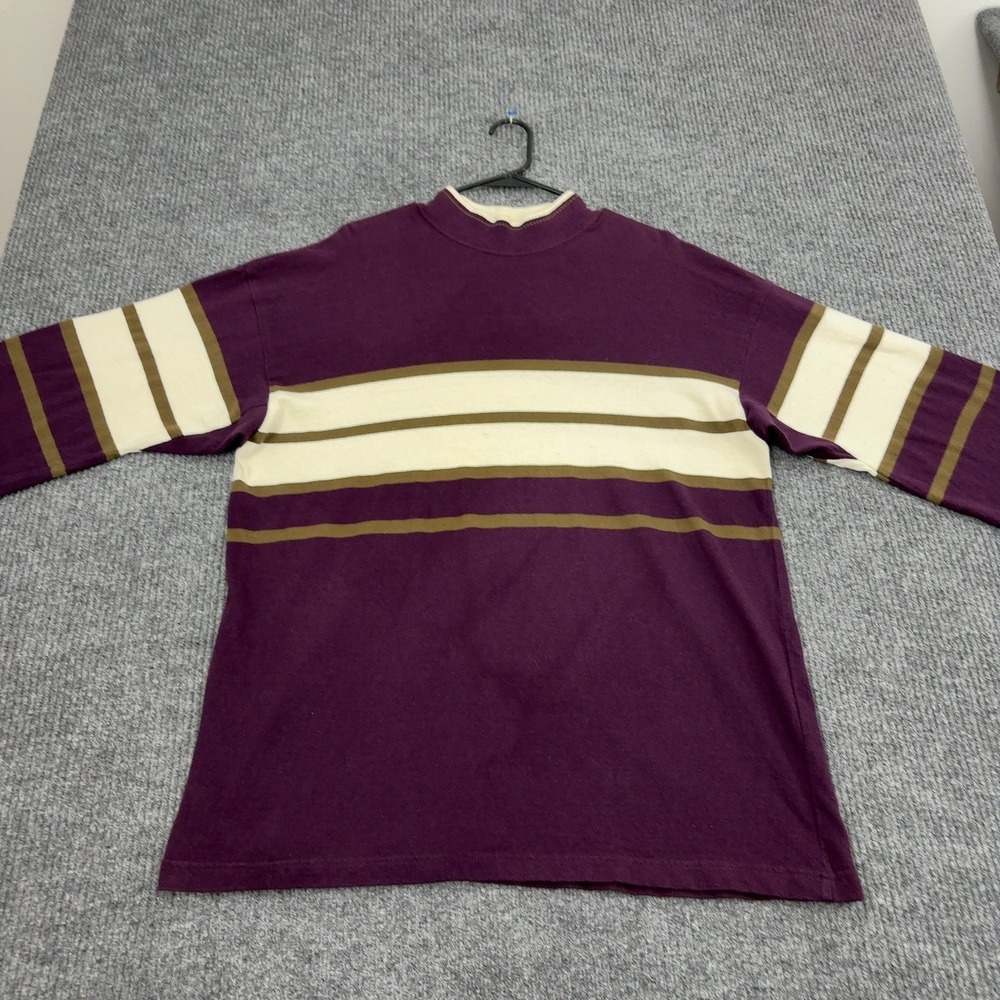 Vintage Lands End Shirt Mens L Purple Cotton Striped Mock Neck Preppy Style